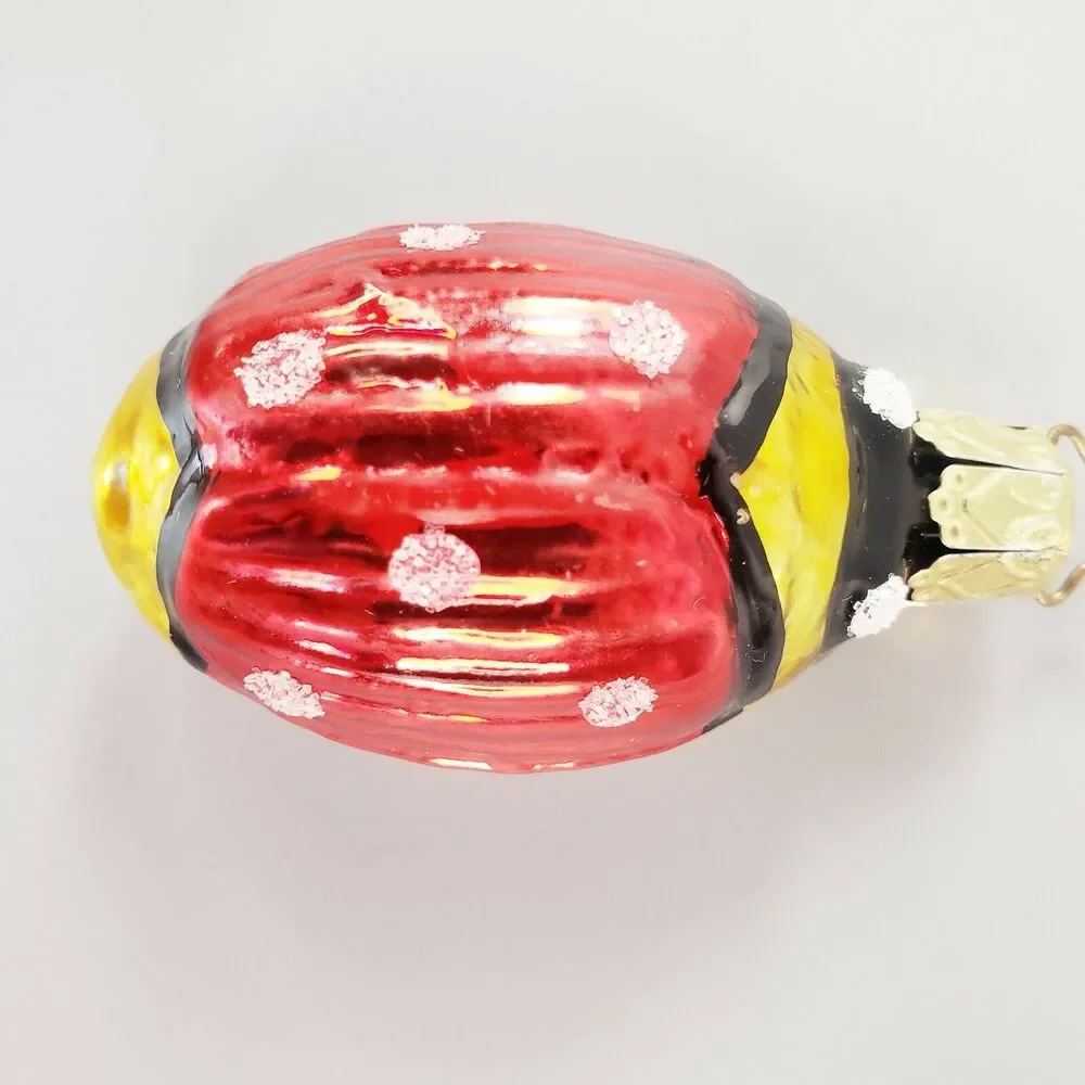 Vtg Lady Bug Ornament Blown Glass White Mica Glitter Red MCM Christmas Germany